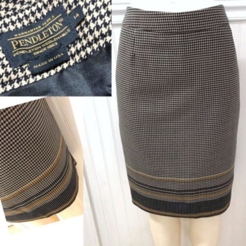NWT Vintage Pendleton Wool Knit Houndstooth Pencil Skirt Border Stripe Sz 6 Navy